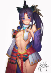Rule 34 | 1girl, armor, asymmetrical sleeves, bare shoulders, black hair, black hat, blue eyes, blue panties, blush, breasts, closed mouth, dated, detached sleeves, fate/grand order, fate (series), feather hair ornament, feathers, forehead, hair bun, hair ornament, hat, japanese armor, kusazuri, long hair, looking at viewer, medium breasts, mismatched sleeves, navel, panties, parted bangs, pom pom (clothes), qblade, revealing clothes, side bun, side ponytail, sideboob, simple background, single hair bun, single side bun, smile, solo, thighs, underwear, ushiwakamaru (fate), very long hair, white background, wide sleeves