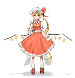 Rule 34 | 1girl, ascot, blonde hair, blush, bocchi the rock!, closed mouth, collared shirt, commentary, cosplay, english commentary, flandre scarlet, flandre scarlet (cosplay), full body, hat, holding, ijichi nijika, long hair, looking at viewer, mob cap, red eyes, red footwear, red skirt, red vest, shirt, short sleeves, side ponytail, sidelocks, simple background, skirt, skirt set, smile, solo, sparkle71059204, standing, straight-on, touhou, very long hair, vest, white background, white mob cap, white shirt, wings, yellow ascot