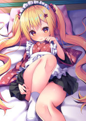 Rule 34 | 1girl, absurdres, apron, asa no ha (awayuki), blonde hair, blush, frilled apron, frills, full-face blush, hair ornament, hairclip, highres, japanese clothes, kimono, long hair, looking at viewer, lying, maid headdress, on back, original, pillow, red eyes, solo, twintails