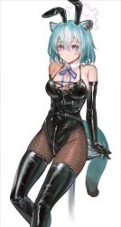 Rule 34 | 1girl, animal ears, bare shoulders, black gloves, black leotard, black thighhighs, blue archive, blush, bow, breasts, cleavage, crotch zipper, detached collar, elbow gloves, fake animal ears, fishnet pantyhose, fishnets, flippy (cripine111), gloves, green hair, halo, highres, large breasts, latex, latex gloves, latex legwear, leotard, looking at viewer, pantyhose, playboy bunny, purple eyes, rabbit ears, shigure (blue archive), shiny clothes, short hair, smile, tail, thighhighs, weasel ears, weasel tail, zipper