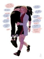 Rule 34 | 1boy, 1girl, black hair, black wristband, blush, carrying, carrying over shoulder, carrying person, ceejles, closed eyes, commentary, english text, facial mark, forehead mark, forehead protector, frown, hairband, haruno sakura, highres, husband and wife, lab coat, naruto: the last, naruto (series), pink hair, red hairband, toeless footwear, uchiha sasuke