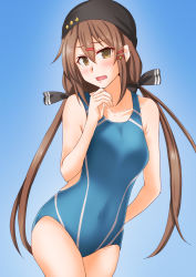 Rule 34 | 1girl, anti (untea9), arm behind back, black bow, black headwear, blue background, blue one-piece swimsuit, bow, breasts, brown eyes, brown hair, collarbone, competition swimsuit, covered navel, cowboy shot, hair bow, hand to own mouth, highres, kantai collection, long hair, low twintails, medium breasts, one-piece swimsuit, solo, standing, star (symbol), swim cap, swimsuit, tashkent (kancolle), twintails