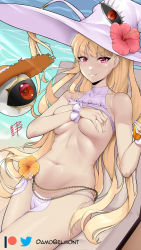 Rule 34 | 1girl, bare arms, bare shoulders, belly chain, bikini, bikini top lift, blonde hair, breasts, clothes lift, commentary, commission, covering breasts, covering privates, cowboy shot, damobelmont, eitri (fire emblem), fire emblem, fire emblem heroes, flower, grin, groin, hand up, hat, hat flower, hibiscus, highres, jewelry, large breasts, loincloth, long hair, looking at viewer, navel, nintendo, orange flower, pelvic curtain, pink eyes, pink flower, shirt, sleeveless, sleeveless shirt, smile, solo, stomach, swimsuit, thighs, twitter logo, very long hair, water, white bikini, white hat, white shirt, witch hat, wrist cuffs