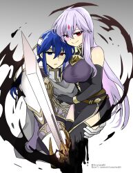 Rule 34 | 1boy, 1girl, alternate costume, aura, bare shoulders, blue eyes, breasts, brother and sister, corruption, dark aura, dark persona, evil grin, evil smile, facial mark, fire emblem, fire emblem: genealogy of the holy war, forehead mark, grin, headband, heterochromia, highres, holding, julia (fire emblem), large breasts, long hair, medium breasts, mind control, nintendo, ponytail, purple hair, red eyes, seliph (fire emblem), siblings, simple background, smile, sword, thighs, tyrfing (fire emblem), weapon, white headband, yukia (firstaid0)
