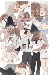Rule 34 | 1boy, 2girls, ?, black hair, blush, bra, breasts, brown hair, cigarette, closed eyes, commentary, cup, disposable cup, flying sweatdrops, glasses, heart, highres, holding, holding cup, holding paper, holding pen, holding phone, kiss, kissing forehead, light brown hair, long hair, medium breasts, mole, mole under mouth, monnbr, multiple girls, open mouth, original, paper, parted lips, pen, phone, selfie, smoke, smoking, spoken heart, symbol-only commentary, teeth, underwear, unfastened, upper teeth only, yuri