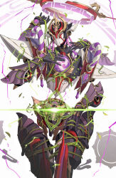 Rule 34 | bound, electricity, extra arms, genshin impact, glowing, halo, hei lang, highres, mecha, mitsudomoe (shape), no humans, plant, robot, rope, scaramouche (genshin impact), scaramouche (shouki no kami) (genshin impact), shimenawa, simple background, solo, tomoe (symbol), vines, white background