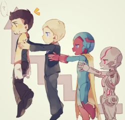Rule 34 | 4boys, android, animification, avengers: age of ultron, avengers (series), bad id, bad pixiv id, black hair, blonde hair, highres, jarvis (mcu), male focus, marvel, marvel cinematic universe, multiple boys, personification, qin (7833198), simple background, tony stark, ultron, vision (marvel)