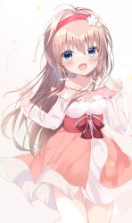 Rule 34 | 1girl, absurdres, bad id, bad pixiv id, blue eyes, blush, bow, breasts, brown hair, commentary request, dress, eyebrows, fang, fingernails, hair between eyes, hair bow, hair ornament, hairband, hakugan, highres, long hair, looking at viewer, open mouth, pink dress, red hairband, ribbon, sanoba witch, shiiba tsumugi, solo, strapless, strapless dress, white background