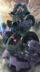 Rule 34 | 3d, aiming, aiming at viewer, battle, bazooka (gundam), beam saber, black tri-stars, clenched hands, cloud, cloudy sky, cyclops, dom (mobile suit), duplicate, dust, glowing, glowing eye, gun, gundam, highres, holding, holding gun, holding sword, holding weapon, jet stream attack, machinery, mecha, mobile suit, mobile suit gundam, no humans, one-eyed, open hand, own hands together, pink eyes, realistic, robot, roundel, s.hasegawa, science fiction, sky, sword, tree, weapon, zeon