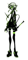 Rule 34 | 1girl, abstract, bad id, bad pixiv id, black legwear, dark persona, dress shirt, frown, full body, goggles, goggles on head, green eyes, green hair, green theme, gumi, highres, holding, holding weapon, kiku (kicdoc), matching hair/eyes, monochrome, shirt, short hair, short hair with long locks, simple background, solo, squinting, vocaloid, weapon, white background
