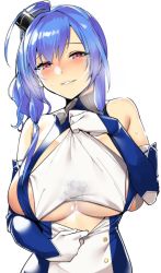 Rule 34 | 1girl, ahoge, azur lane, bare shoulders, blue hair, blush, breasts, buttons, clothes pull, dress, dress pull, elbow gloves, gloves, hair ornament, huge breasts, long hair, looking at viewer, parted lips, purple eyes, side ponytail, sideboob, sidelocks, simple background, skindentation, smile, solo, st. louis (azur lane), tomohiro kai, underboob, white background, white dress, white gloves