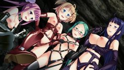 Rule 34 | 4girls, bare shoulders, bdsm, blonde hair, blue eyes, blue hair, blush, boots, braid, breastless clothes, breasts, club d, collar, dominatrix, dutch angle, edajima saki, elbow gloves, game cg, garter belt, glasses, gloves, green eyes, green hair, hands on own hips, honda naoki, large breasts, latex, leather, leather gloves, legs, lingerie, multiple girls, nakamura yui, navel, nipples, open mouth, panties, pink eyes, pink hair, shimoda hibari, slave, small breasts, smile, squatting, standing, thigh boots, thighhighs, thighs, twintails, underwear, watarai mikoto, whip