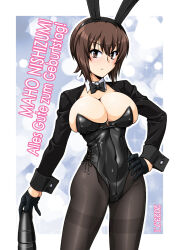 Rule 34 | 1girl, animal ears, birthday, black leotard, black pantyhose, blush, bow, bowtie, breasts, brown eyes, brown hair, cleavage, closed mouth, covered navel, dated, fake animal ears, girls und panzer, hand on own hip, happy birthday, highres, large breasts, leotard, looking at viewer, nishizumi maho, oosaka kanagawa, pantyhose, playboy bunny, rabbit ears, short hair, solo, tank shell