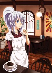 Rule 34 | 1girl, alternate costume, apron, blue eyes, cafe, chair, clock, cup, enmaided, green hair, hat, japanese clothes, komeiji koishi, lamp, long sleeves, maid, maid apron, mononobe no futo, nas (nassy58), no headwear, no headwear, plant, ponytail, poster (object), potted plant, restaurant, shirt, silver hair, skirt, solo, table, teacup, touhou, wa maid, waitress, wide sleeves, window