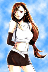 Rule 34 | 1990s (style), 1girl, arms behind back, bare shoulders, breasts, brown hair, earrings, escape (artist), female focus, final fantasy, final fantasy vii, gradient background, highres, jewelry, long hair, midriff, miniskirt, red eyes, retro artstyle, skirt, solo, suspenders, tank top, tifa lockhart