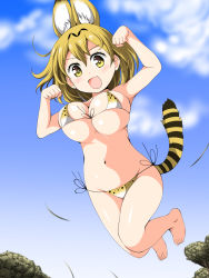 Rule 34 | 10s, 1girl, :d, animal ears, bikini, blonde hair, blue sky, blush, bouncing breasts, breasts, cleavage, cloud, day, deego (omochi bazooka), highres, jumping, kemono friends, large breasts, looking at viewer, navel, open mouth, paw pose, serval (kemono friends), serval print, serval tail, short hair, sideboob, sky, smile, solo, swimsuit, tail, underboob, yellow eyes