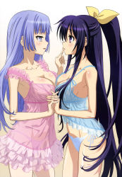 Rule 34 | 10s, 2girls, absurdres, babydoll, bare arms, bare legs, bare shoulders, blue eyes, blue hair, blush, bow, breast press, breasts, chemise, cleavage, collarbone, cowboy shot, date a live, dress, eye contact, female focus, finger to another&#039;s mouth, finger to mouth, from side, hair bow, half updo, highres, hime cut, holding hands, interlocked fingers, izayoi miku, large breasts, legs, light blue hair, lingerie, long hair, looking at another, multiple girls, naughty face, neck, nightgown, no bra, no nipples, non-web source, nyantype, official art, panties, purple eyes, purple hair, see-through, side-tie panties, simple background, sleeveless, smile, strap slip, symmetrical docking, underwear, very long hair, yatogami tooka, yellow bow, yuri