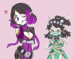 Rule 34 | &gt; &lt;, 2girls, :p, angry, arm support, bandages, belt, bodysuit, bracer, breasts, brown hair, cleavage, dress, elf, closed eyes, hair ornament, hand on own face, heart, medium hair, multicolored hair, multiple girls, nanashiba, one eye closed, paladins, pointy ears, ponytail, purple eyes, purple hair, scarf, short hair, simple background, skye (paladins), sleeveless, sleeveless dress, tongue, tongue out, two-tone hair, veil, ying (paladins)