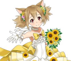 Rule 34 | 1girl, animal ears, bouquet, bow, brown hair, cat ears, choker, collarbone, dress, flat chest, flower, gloves, hair bow, hair flower, hair ornament, holding, holding bouquet, long hair, looking at viewer, outstretched arm, pink flower, red eyes, ribbon, ribbon choker, short twintails, silica, silica (sao-alo), sleeveless, sleeveless dress, smile, solo, standing, strapless, strapless dress, sunflower, sword art online, transparent background, twintails, white dress, white gloves, white ribbon, yellow flower