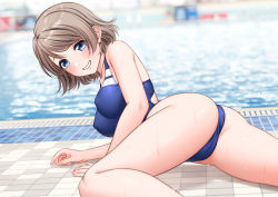 Rule 34 | 1girl, ass, back cutout, blue eyes, blue one-piece swimsuit, blurry, blurry background, blush, breasts, brown hair, cameltoe, clothing cutout, competition swimsuit, covered erect nipples, dot nose, grin, highres, looking at viewer, looking back, love live!, love live! sunshine!!, lying, medium breasts, on side, one-piece swimsuit, pool, poolside, school swimsuit, short hair, smile, solo, spread legs, swept bangs, swimsuit, thighs, watanabe you, water, wet, yonsi
