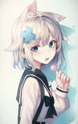 Rule 34 | 1girl, absurdres, animal ear fluff, animal ears, black bow, black sailor collar, blue eyes, blush, bow, candy, cat ears, commentary request, darang, food, from side, grey hair, hair between eyes, hair ornament, hand up, heart, heart in eye, highres, holding, holding candy, holding food, holding lollipop, lollipop, long sleeves, looking at viewer, looking to the side, open mouth, original, puffy long sleeves, puffy sleeves, romaji commentary, sailor collar, shadow, shirt, solo, suspenders, symbol in eye, teeth, upper teeth only, virtual youtuber, white shirt, x hair ornament