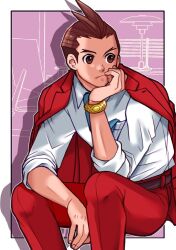 Rule 34 | 1boy, ace attorney, antenna hair, apollo justice, arm rest, belt, between legs, blue necktie, border, bracelet, breast pocket, brown belt, brown eyes, brown hair, closed mouth, collared shirt, elbow rest, feet out of frame, forked eyebrows, frown, hand between legs, hand on own chin, invisible chair, jacket, jacket on shoulders, jewelry, lapels, lineart, male focus, monochrome background, necktie, necktie in pocket, outside border, pants, pocket, purple background, ragi (od6fine), red jacket, red pants, shirt, sitting, sleeves rolled up, solo, white border