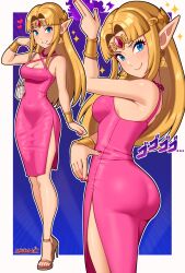 1girl absurdres alternate_costume artist_name ass ass_focus blonde_hair blue_eyes bracer breasts circlet cowboy_shot dress earrings gluteal_fold hair_ornament high_heels highres jewelry long_hair looking_at_viewer magic medium_breasts multiple_views nail_polish necklace nintendo open_mouth parted_bangs pearl_necklace pink_dress pink_nails pointy_ears princess_zelda sarukaiwolf sideboob sidelocks sleeveless sleeveless_dress smile sparkle the_legend_of_zelda the_legend_of_zelda:_a_link_between_worlds thighs tight_clothes tight_dress toenail_polish toenails toes triforce triforce_earrings