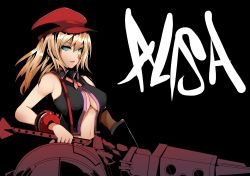Rule 34 | 10s, 1girl, alisa ilinichina amiella, aqua eyes, bare shoulders, black background, blonde hair, blue eyes, breasts, cabbie hat, character name, cleavage, closed mouth, god eater, god eater burst, green eyes, gun, hat, highres, holding, holding weapon, huge weapon, long hair, looking at viewer, medium breasts, namco, navel, no bra, norman maggot, open mouth, simple background, solo, standing, suspenders, underboob, weapon