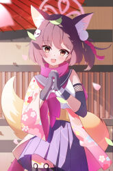 Rule 34 | 1girl, :d, absurdres, animal ear fluff, animal ears, architecture, black hair, blue archive, blurry, commentary request, depth of field, east asian architecture, eyeshadow, falling petals, fingerless gloves, fox ears, fox girl, fox hair ornament, fox tail, gloves, hadanugi dousa, hair between eyes, hair ornament, halo, highres, interlocked fingers, izuna (blue archive), japanese clothes, kimono, kunai, leaf, leaf on head, long sleeves, looking at viewer, makeup, medium hair, moepu., ninja, one side up, open clothes, open kimono, open mouth, outdoors, own hands clasped, own hands together, petals, pleated skirt, pom pom (clothes), pom pom hair ornament, red eyeshadow, red scarf, scarf, school uniform, serafuku, sidelocks, skirt, sleeveless, smile, solo, tail, thigh strap, weapon, wide sleeves, wind, yellow eyes