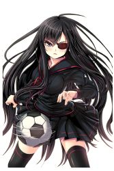Rule 34 | 1girl, ahoge, ball, black hair, black skirt, bora (soccer spirits), eyepatch, grey eyes, highres, long hair, looking at viewer, non-web source, official art, reason (ficafe), skirt, soccer ball, soccer spirits, solo, standing, transparent background