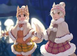 Rule 34 | 2girls, alternate costume, animal ears, brown eyes, cat (kemono friends), cat ears, cat tail, cloak, commentary request, dog (shiba inu) (kemono friends), dog ears, dog tail, ears through headwear, extra ears, fur collar, fur trim, hat, holding hands, kemono friends, kemono friends festival, light brown hair, long sleeves, mittens, multicolored hair, multiple girls, neck ribbon, plaid, plaid shorts, plaid skirt, ribbon, rumenia (ao2is), short hair, shorts, skirt, sweater, tail, white hair, winter clothes, yellow eyes