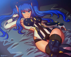 Rule 34 | 1girl, akairiot, arm behind head, armor, armpits, bad id, bad tumblr id, bed sheet, blue eyes, blue hair, borrowed character, breastplate, breasts, dutch angle, elbow gloves, eyeshadow, female focus, fingerless gloves, from above, gloves, greaves, hip focus, indoors, knee pads, knees together feet apart, large breasts, leotard, long hair, looking at viewer, lying, makeup, matching hair/eyes, neon trim, on back, on bed, original, phantasy star, phantasy star online, phantasy star online 2, pointy ears, sidelocks, signature, smile, solo, thighhighs, tiger pierce, twintails, vambraces, wide hips