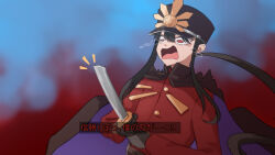Rule 34 | 1boy, belt, black cape, black gloves, black hair, broken, broken sword, broken weapon, cape, commentary request, crying, crying with eyes open, dialogue box, fate/grand order, fate (series), gloves, hat, highres, holding, holding sword, holding weapon, indoors, jacket, katana, long hair, male focus, menma san, military, military hat, military jacket, military uniform, oda nobukatsu (fate), open mouth, pants, peaked cap, red eyes, red jacket, red pants, sidelocks, sword, tears, translation request, uniform, upper body, weapon