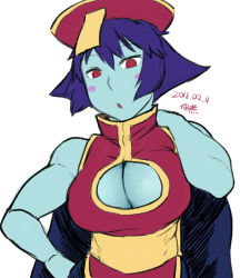 Rule 34 | 1girl, :o, arm up, blue hair, blue skin, blush stickers, breasts, chinese clothes, cleavage, cleavage cutout, clothing cutout, colored skin, flipped hair, jiangshi, large breasts, lei lei, looking at viewer, ofuda, open mouth, red eyes, short hair, solo, tsukudani (coke-buta), vampire (game), white background