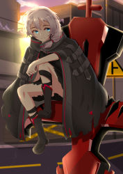 Rule 34 | 1girl, absurdres, benghuai xueyuan, black footwear, blue eyes, boots, cape, closed mouth, cloud, cloudy sky, cross (weapon), full body, hand on own knee, highres, honkai (series), honkai impact 3rd, looking away, miying (13975192760), outdoors, road, road sign, sign, sitting, sky, solo, theresa apocalypse, torn cape, torn clothes, twilight, weapon, white hair