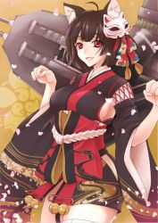 Rule 34 | 1girl, ahoge, animal ear fluff, animal ears, azur lane, bad id, bad pixiv id, bell, black kimono, blunt bangs, breasts, brown hair, cat ears, cat mask, cat tail, fang, fox mask, japanese clothes, jingle bell, kimono, mask, mask on head, medium breasts, open mouth, paw pose, red eyes, short hair, short kimono, sideboob, smile, solo, standing, tail, tail bell, tail ornament, white legwear, wide sleeves, yamashiro (azur lane)