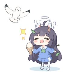Rule 34 | 1girl, ahoge, animal ears, bird, black hair, blue archive, blue shirt, blue skirt, blush stickers, chibi, closed eyes, commentary, food, halo, holding, holding food, holding ice cream, ice cream, leaf, leaf on head, long hair, long sleeves, miyu (blue archive), no nose, open mouth, pantyhose, rabbit ears, sailor collar, seagull, shirt, skirt, smile, sparkle, standing, twig, umihio, very long hair, white footwear, white pantyhose, white sailor collar