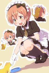 Rule 34 | :3, :d, animal, animal on head, apron, black footwear, black socks, blush, bow, bowl, brown hair, cat, cat on head, flying sweatdrops, gloves, hair bow, highres, hoshizora rin, humming, kneehighs, looking at animal, love live!, love live! school idol festival, love live! school idol project, maid, maid headdress, multiple views, musical note, neckerchief, on head, open mouth, orange hair, outline, paw pose, pet bowl, pinstripe pattern, pointing, sen (sen0910), shoes, short hair, short sleeves, smile, socks, squatting, striped, striped bow, tan background, waist apron, white apron, white gloves, white outline, yellow eyes