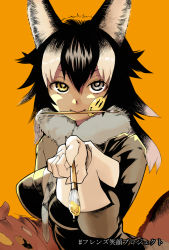 Rule 34 | 10s, 1girl, animal ears, between breasts, black hair, black shirt, blue eyes, breasts, calligraphy brush, den (zeroshiki), facepaint, fur collar, graphite (medium), grey wolf (kemono friends), hair between eyes, heterochromia, japanese text, kemono friends, long hair, long sleeves, looking at viewer, mechanical pencil, medium breasts, mouth hold, multicolored hair, necktie, necktie between breasts, nib pen (medium), paint, paintbrush, pencil, plaid, plaid necktie, plaid neckwear, shirt, skirt, smiley face, solo, streaked hair, tail, traditional media, translated, upper body, white hair, wolf ears, wolf tail, yellow eyes