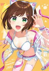 1girl absurdres animal_ear_hairband animal_ears belt bikini bikini_top_only breasts brown_hair cat_ear_hairband cat_ears cat_tail commentary_request cyber_fashion fake_animal_ears fang green_eyes hairband highres idolmaster idolmaster_cinderella_girls jacket kurageso leaning_forward looking_at_viewer maekawa_miku medium_breasts microskirt nail_polish navel open_mouth pink_belt pink_nails see-through_clothes see-through_jacket short_hair skirt solo swimsuit tail thighhighs white_bikini white_skirt yellow_background