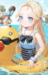 Rule 34 | 1girl, absurdres, artist name, blonde hair, blue archive, blue eyes, blurry, blurry background, blush, breasts, commentary request, english text, food, forehead, highres, innertube, kasia0309, looking at viewer, pool, popsicle, small breasts, solo, sora (blue archive), sweatdrop, swim ring, water drop