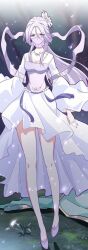 1girl dress flower_on_hair highres long_hair looking_at_viewer magic_emperor purple_eyes qincheng_chu very_long_hair white_dress white_hair