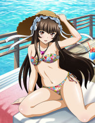 Rule 34 | 1girl, arm support, bare arms, bare legs, bikini, breasts, brown eyes, brown hair, brown hat, chain, collarbone, day, floating hair, floral print, hat, heart pendant, ikkitousen, long hair, looking at viewer, navel, open mouth, outdoors, print bikini, shiny skin, side-tie bikini bottom, small breasts, solo, strapless, strapless bikini, straw hat, sun hat, swimsuit, ten&#039;i (ikkitousen), very long hair