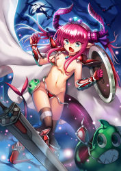 Rule 34 | 1girl, absurdres, armor, armored boots, asymmetrical horns, bat (animal), battle, belly, bikini, bikini armor, black legwear, boots, breasts, cape, claws, convenient censoring, dragon girl, dragon horns, elizabeth bathory (brave) (fate), elizabeth bathory (fate), elizabeth bathory (fate/extra ccc), fate/grand order, fate (series), full moon, gauntlets, green eyes, highres, horns, long hair, looking at viewer, monster, moon, navel, nekosama shugyouchuu, night, night sky, open mouth, outdoors, pink hair, pointy ears, red bikini, shield, simple background, sky, slime (creature), small breasts, swimsuit, sword, tail, tree, uneven horns, wardrobe malfunction, weapon, white background