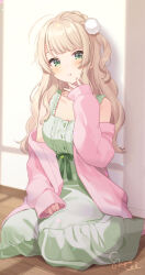 Rule 34 | 1girl, against wall, ahoge, blunt bangs, blush, bow, braid, cardigan, center frills, collarbone, curly hair, dress, frilled straps, frills, green bow, green dress, green eyes, hair ornament, hand on lap, hand on own face, highres, indie virtual youtuber, light brown hair, long hair, looking at viewer, off shoulder, on floor, parted lips, pink cardigan, pom pom (clothes), pom pom hair ornament, shigure ui, shigure ui (vtuber), shigure ui (vtuber) (taito), sidelocks, signature, sitting, solo, virtual youtuber, wariza, window shadow, wooden floor