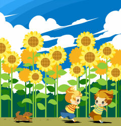 Rule 34 | 2boys, blonde hair, blue shorts, blue sky, blush stickers, boney, brown hair, brown shorts, chasing, claus (mother 3), cloud, field, flower, flower field, from side, hitofutarai, lucas (mother 3), male focus, mother (game), mother 3, multiple boys, nintendo, open mouth, outdoors, running, shirt, shorts, sky, striped clothes, striped shirt, summer, sunflower, sunflower field