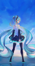 Rule 34 | 1girl, absurdly long hair, absurdres, black footwear, black skirt, black sleeves, blue hair, boots, closed mouth, commentary, detached sleeves, english commentary, from behind, green eyes, hatsune miku, headphones, headset, highres, long hair, long sleeves, looking at viewer, looking back, microphone, miniskirt, outdoors, pleated skirt, profile, rionlium, shirt, skirt, sleeveless, sleeveless shirt, solo, standing, thigh boots, thighhighs, twintails, very long hair, vocaloid, white shirt, zettai ryouiki