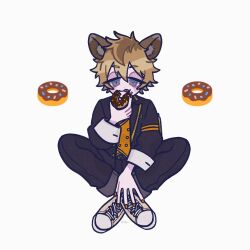 Rule 34 | 1boy, blonde hair, commentary, doughnut, eating, emoji, food, full body, grey eyes, highres, holding, holding food, hyena boy, hyena ears, indian style, looking at viewer, male focus, night raven college uniform, ruggie bucchi, school uniform, short hair, sitting, solo, symbol-only commentary, tbr0009, twisted wonderland, white background