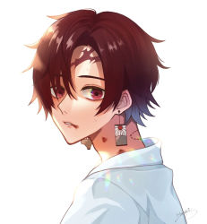 Rule 34 | 1boy, artist request, asymmetrical bangs, bad id, bad pixiv id, bite mark, blood, blood on face, brown eyes, brown hair, earrings, hair between eyes, highres, jewelry, kamado nezuko, kimetsu no yaiba, looking at viewer, male focus, open mouth, scar, scar on face, scar on forehead, short hair, simple background, solo, upper body, white background