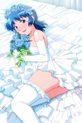 Rule 34 | 1girl, bead necklace, beads, blue eyes, blue hair, blush, bouquet, dress, elbow gloves, feet out of frame, flower, garter straps, gloves, hair flower, hair ornament, holding, holding bouquet, jewelry, looking at viewer, lying, medium hair, necklace, non-web source, official art, on bed, on side, open mouth, panties, pantyshot, photoshop (medium), serizawa kasumi, solo, super real mahjong, tanaka ryou, thighhighs, underwear, veil, wedding dress, white dress, white gloves, white panties, white thighhighs